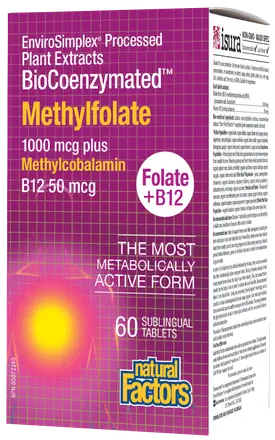 Natural Factors ФОЛИЕВА КИСЕЛИНА (МЕТИЛФОЛАТ) 1000 µg + Витамин В12 50 µg BioCoenzymated ™ Methylfolate 1000 µg + B12 Methylcobalamin 50 µg 60 сублингвални таблетки
