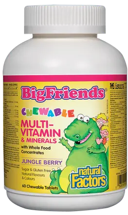 Natural Factors МУЛТИВИТАМИНИ И МИНЕРАЛИ Big Friends ЗА ДЕЦА (плодове от джунглата) 238 mg 60 дъвчащи таблетки