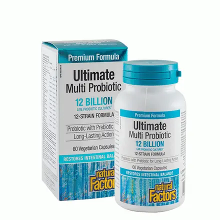 НАТУРАЛ ФАКТОРС МУЛТИ ПРОБИОТИК 12 ЩАМА капсули 60 броя / NATURAL FACTORS ULTIMATE MULTI PROBIOTIC 12 STAIN FORMULA