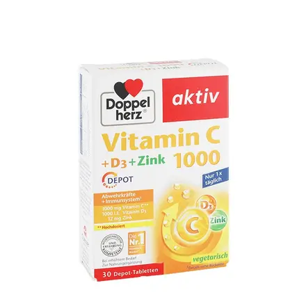 ДОПЕЛХЕРЦ АКТИВ ВИТАМИН C 1000 + D3 + ЦИНК таблетки 30 броя / DOPPEL HERZ AKTIV VITAMIN C + D3 + ZINC