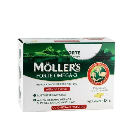 МЬОЛЕРС МАСЛО ОТ ЧЕРЕН ДРОБ НА ТРЕСКА ФОРТЕ капсули 150 броя / MOELLERS COD LIVER OIL FORTE
