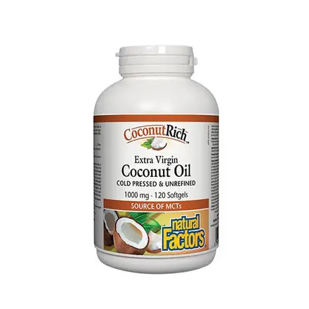 НАТУРАЛ ФАКТОРС КОКОСОВО МАСЛО софтгел капсули 1000 мг 120 броя / NATURAL FACTORS COCONUT OIL EXTRA VIRGIN softgel capsules 1000 mg. 120