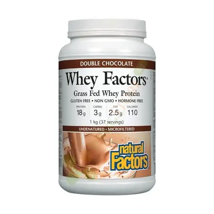 НАТУРАЛ ФАКТОРС СУРОВАТЪЧЕН ПРОТЕИН ИЗОЛАТ С ВКУС НА ШОКОЛАД 1 кг / NATURAL FACTORS WHEY FACTORS GRASS FED WHEY PROTEIN DOUBLE CHOCOLATE FLAVOUR