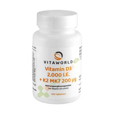ВИТАМИН D3 50 мкг + К2 MK7 200 мкг таблетки 120 броя / VITA WORLD VITAMIN D3 50 mcg + K2 MK7 200 mcg