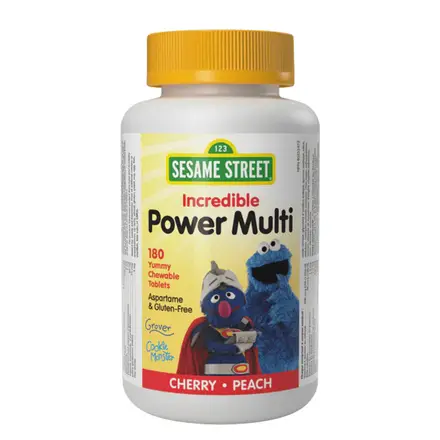 Мултивитамини за деца Sesame Street x 180 дъвчащи таблетки, с вкус на череша и праскова, Webber Naturals
