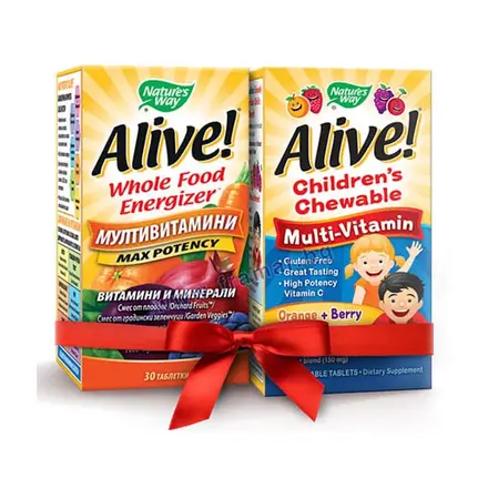 ПРОМО ПАКЕТ Nature’s Way Alive Нейчърс Уей Алайв Мултивитамини за деца х30 дъвчащи таблетки + Мултивитамини за възрастни х30 таблетки
