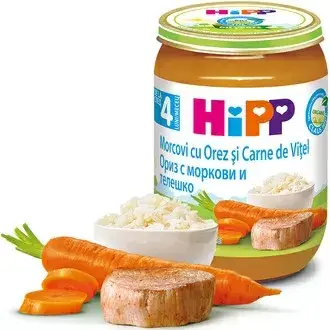 Hipp Био Пюре Ориз,Моркови,Телешко 190 Гр. 4м+ Арт. № 6143 190g стек 6бр