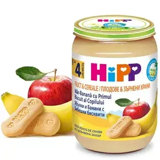 Hipp Био Пълнозърнестта Каша - Ябълки И Банани С Бебешки Бисквити 4м+ Арт. № 4710 190g стек 6бр