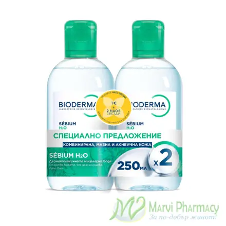 Bioderma Sebium H2O, Мицеларен разтвор за комбинирана, мазна и акнеична кожа, 2 х 250 мл