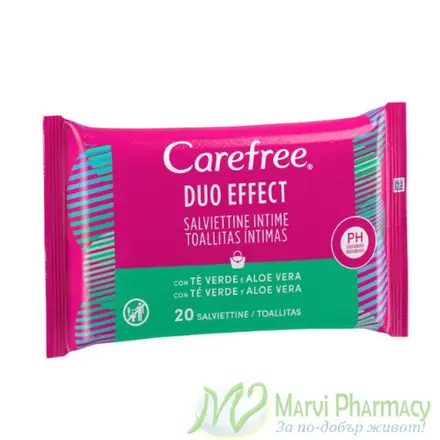 Carefree Duo Effect Интимни кърпички с Алое Вера и зелен чай, 20 бр
