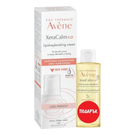 Avene XeraCalm A.D, Релипидиращ крем за много суха /атопична кожа, 200 мл. + Релипидиращо почистващо олио за много суха /атопична кожа, 100 мл. ПОДАРЪК