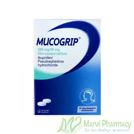 Mucogrip / Мукогрип, при запушен нос при простудни заболявания, 200 мг. / 30 мг., 10 филмирани табл.