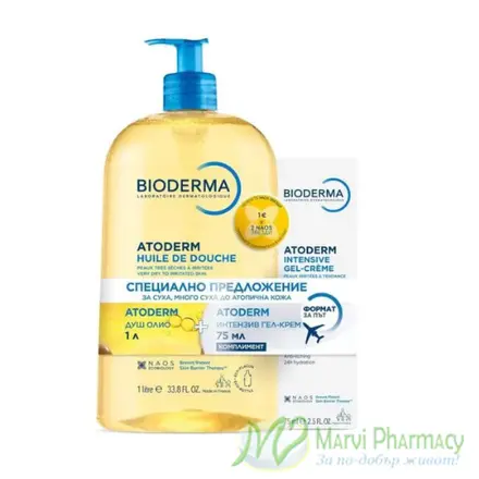 Bioderma Atoderm Душ-олио за много суха и атопична кожа 1000 мл + Bioderma Atoderm Интензивен успокояващ гел-крем 75 мл
