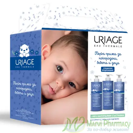 URIAGE Bebe 1ere Почистващ душ-крем с отмиване, 500 мл+ Хидратиращо мляко, 500 мл + Почистваща вода без отмиване с органичен еделвайс, 500мл