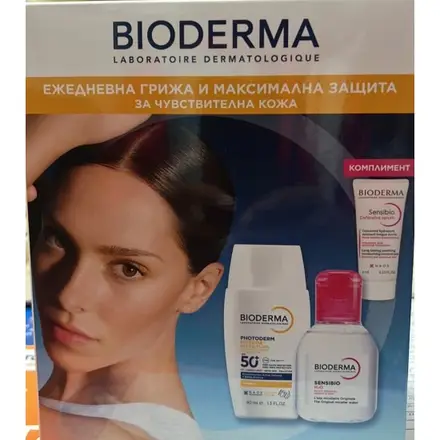 Bioderma Photoderm Комплект XDefense SPF50+ безцветен, Sensibio H2О 100 ml, Sensibio Defensive Serum 5 ml. Продуктите са с 10 % отстъпка.