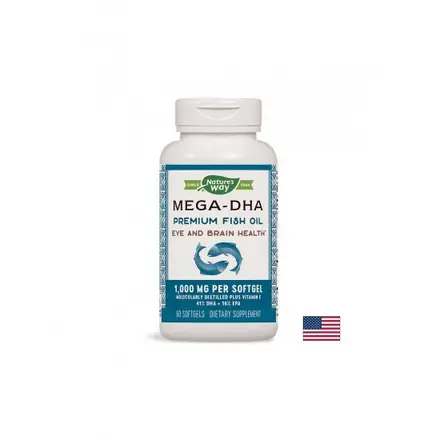 Mega-DHA - Рибено масло Мега-ДХА – за мозъка и зрението, 1000 mg, 60 софтгел капсули Nature’s Way