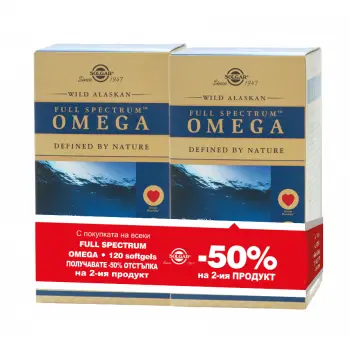 СОЛГАР ПЪЛЕН СПЕКТЪР ОМЕГА ОТ ДИВА СЬОМГА ОТ АЛЯСКА / SOLGAR WILD ALASKAN FULL SPECTRUM OMEGA за здрава сърдечно-съдова система меки капсули 2 х 120