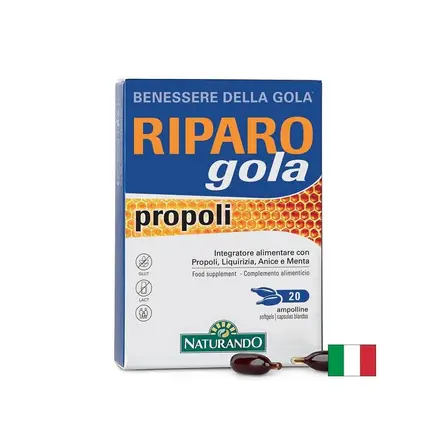 Рипаро Гола за гърло с прополис x 20 софтгел капсули с течност, Riparo Gola, 360 mg, 20 софтгел капсули