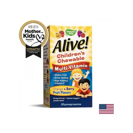Alive! Children's Chewable Multi-Vitamin / Алайв! Мултивитамини за деца x 30 дъвчащи таблетки Nature’s Way