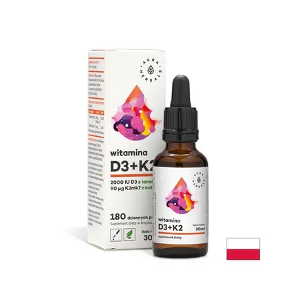 Кости и зъби - Витамин D3 + K2, 30 ml капки Aura Herbals