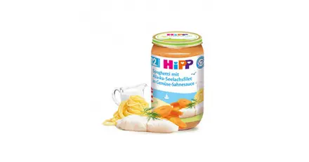 HIPP 6825 РИБНО МЕНЮ СПАГЕТИ С МОРСКА ТРЕСКА В ЗЕЛЕНЧУЦИ 250ГР