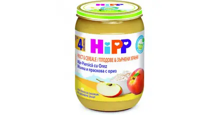 HIPP 4703-01 БИО ПЮРЕ ЯБЪЛКА И ПРАСКОВА С ОРИЗ 190ГР