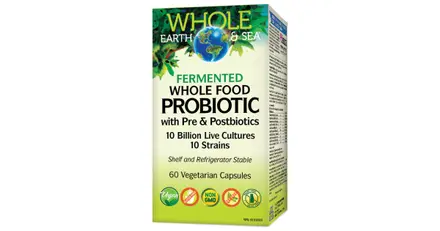 NATURAL FACTORS/ Whole earth and sea® Пробиотик + Пребиотици и Постбиотици от ферментирали храни 10 млрд. активни пробоотици, 10 щама формула/ 60 V капсули