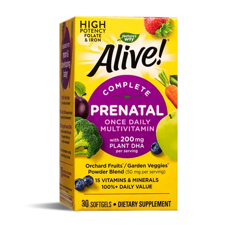 Nature’s Way Alive! Complete Prenatal Multivitamin Алайв! Мултивитамини за бременни и кърмещи жени (с растителна DHA) 30 софтгел капсули