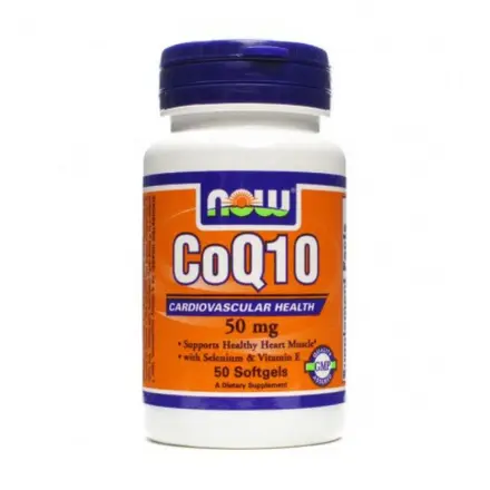 Now Foods Коензим Q10 + Витамин Е при сърдечни проблеми силен антиоксидант 50 мг 50 дражета