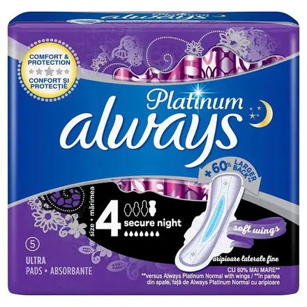 Always Platinum Secure Night Нощни Дамски превръзки с крилза за висока защита 5бр