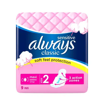 Always Classic Sensitive Maxi Ежедневни Дамски превръзки с крилза за чувствителна кожа 9бр