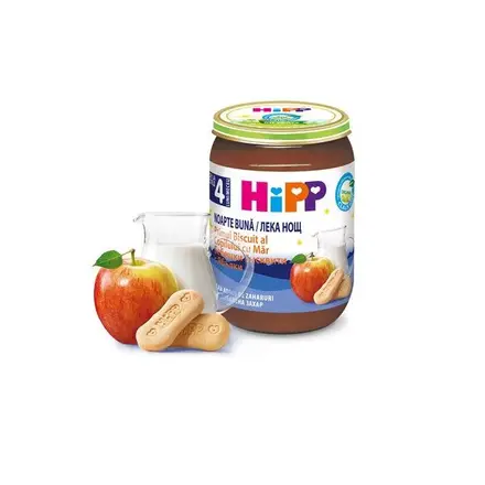 Hipp Лека нощ Био млечна каша с вкусни бебешки бисквити и ябълка +4 месеца 190гр.