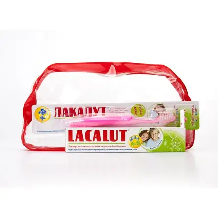 Lacalut Kids Пакет четка за зъби + паста за деца от 4-8 години и подарък несесер