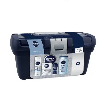 Nivea Промо Мъжки Пакет Men Toolbox Гел + Афтършейв балсам, Душ гел, Рол-он против изпотяване, Крем + ПОДАРЪК Кутия