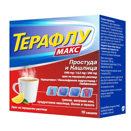 Терафлу Макс При простудни състояния и кашлица, 10 сашета
