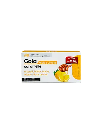 PALADIN PHARMA SANAVITA GOLA caramelle Miele Limone Билкови бонбони за гърло с прополис, пчелен мед, горски слез, бяла ружа и шипка с вкус на мед и лимон x 24