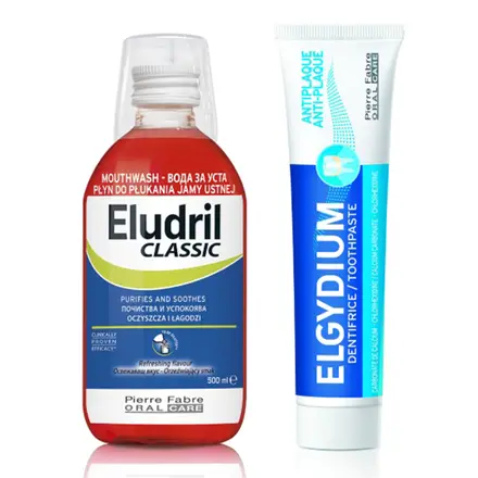 Eludril Classic вода за уста 500 мл + подарък Elgydium Антиплака паста за зъби 100 мл